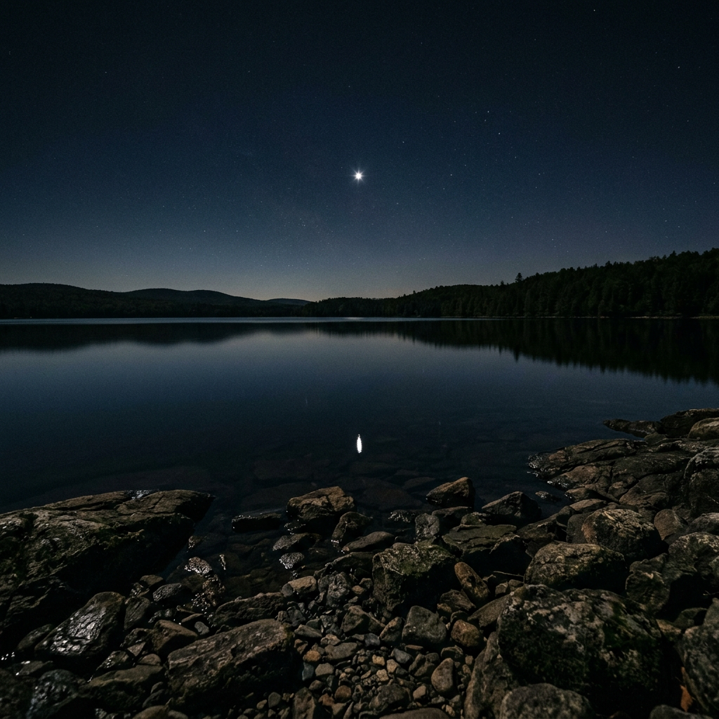 Bright star reflecting on calm lake water with rocky shore and forest